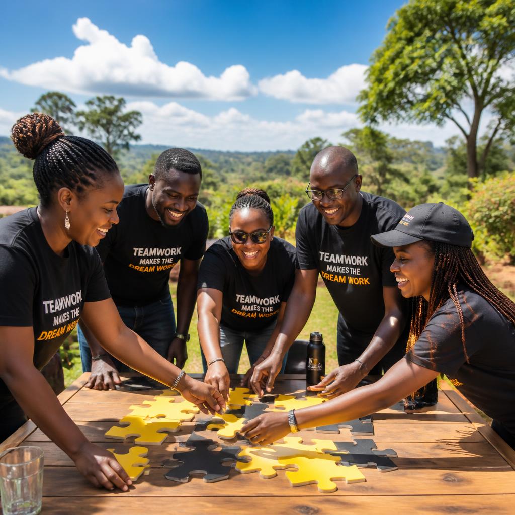 African team solving a problem-solving puzzle challenge during a Kenya retreat