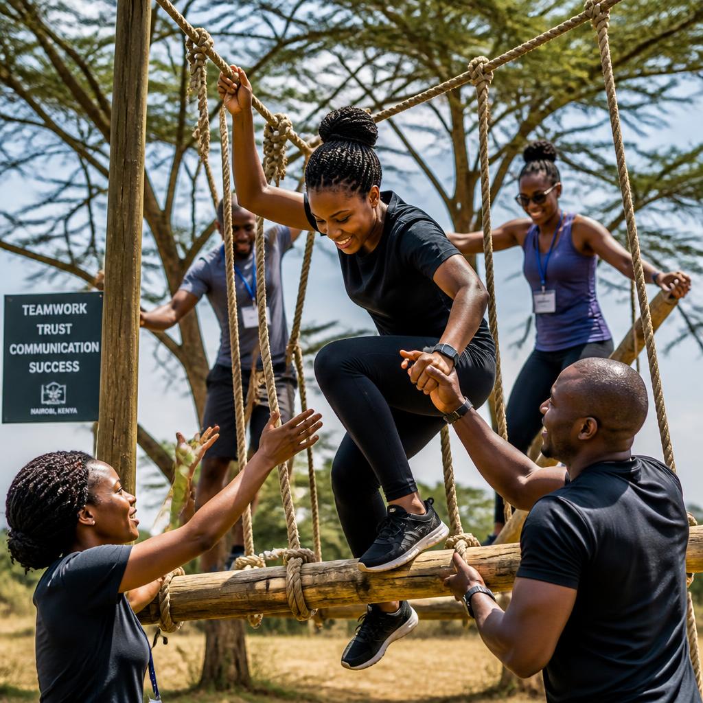 African team members on a ropes obstacle course during a corporate retreat