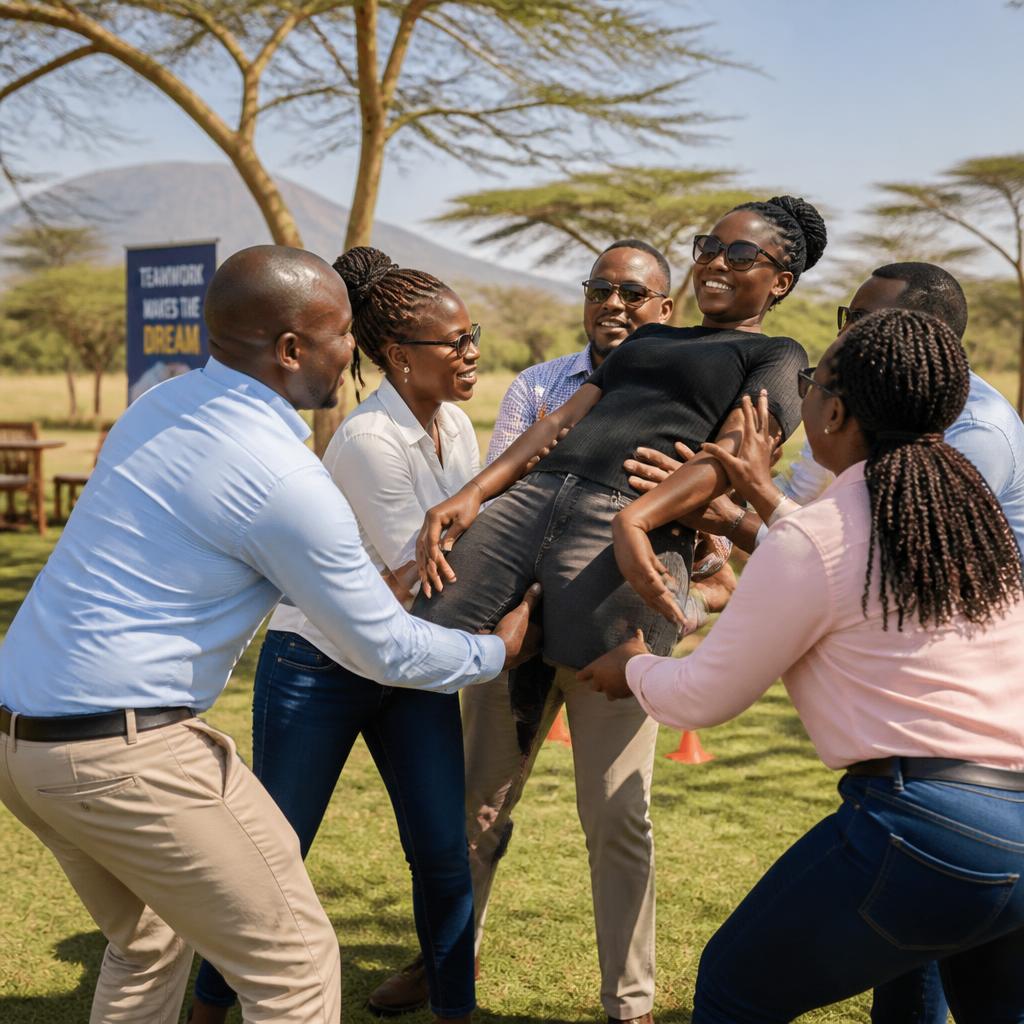 African corporate team doing a trust-building exercise outdoors in Kenya
