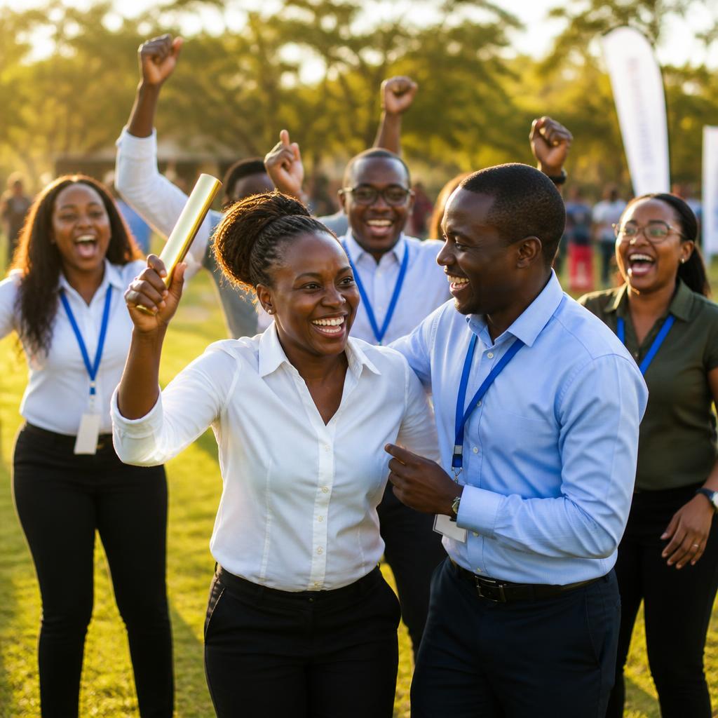 African colleagues celebrating after a relay race at a Nairobi team-building event