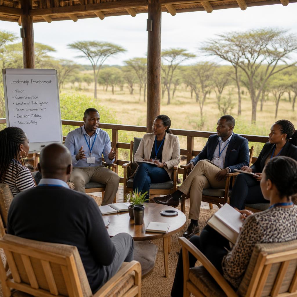 African professionals in a leadership development workshop at a Kenyan lodge