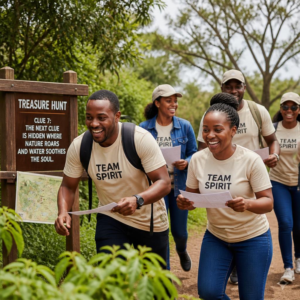 African corporate group enjoying a treasure hunt in a Kenyan nature reserve